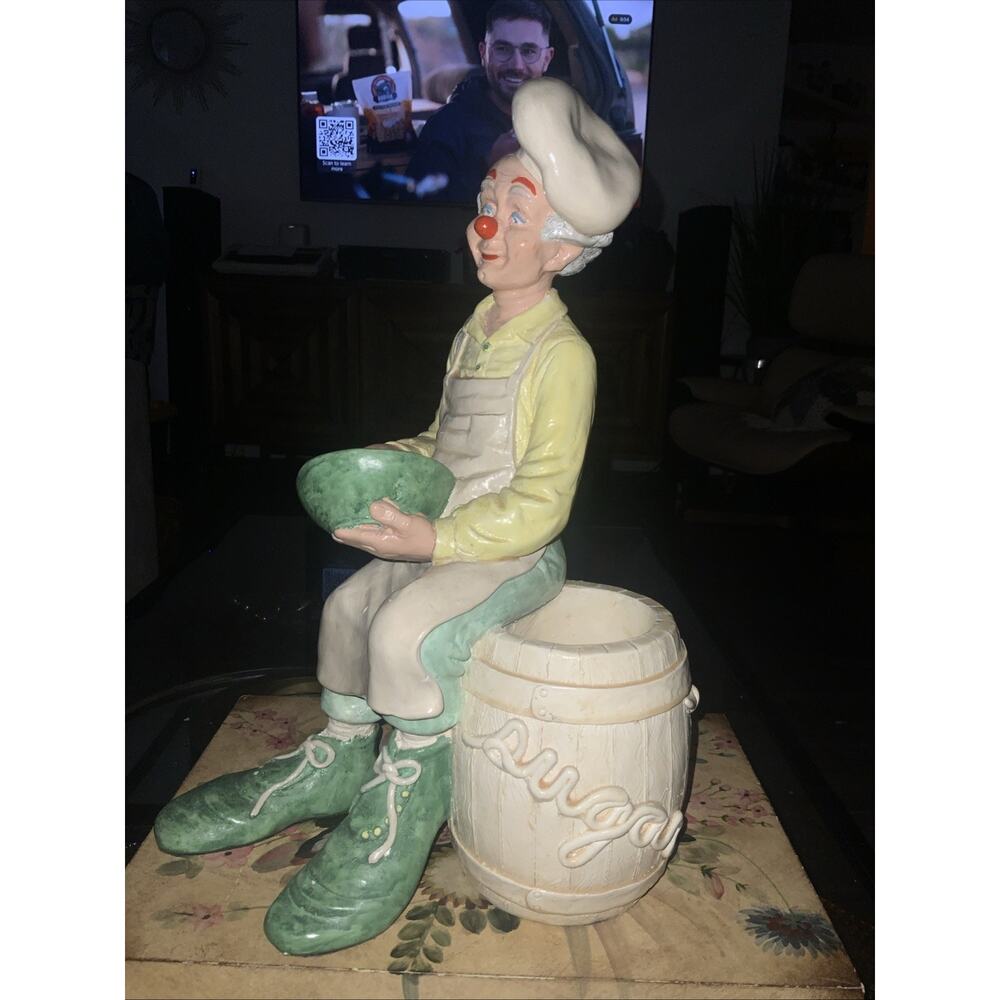 VTG RARE Clown Sitting on a Sugar Barrel Utensil Container Kitchen Statue